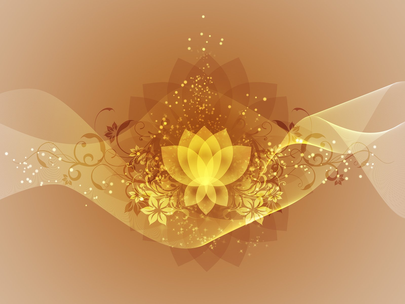 an orange background with golden flowers and swirls