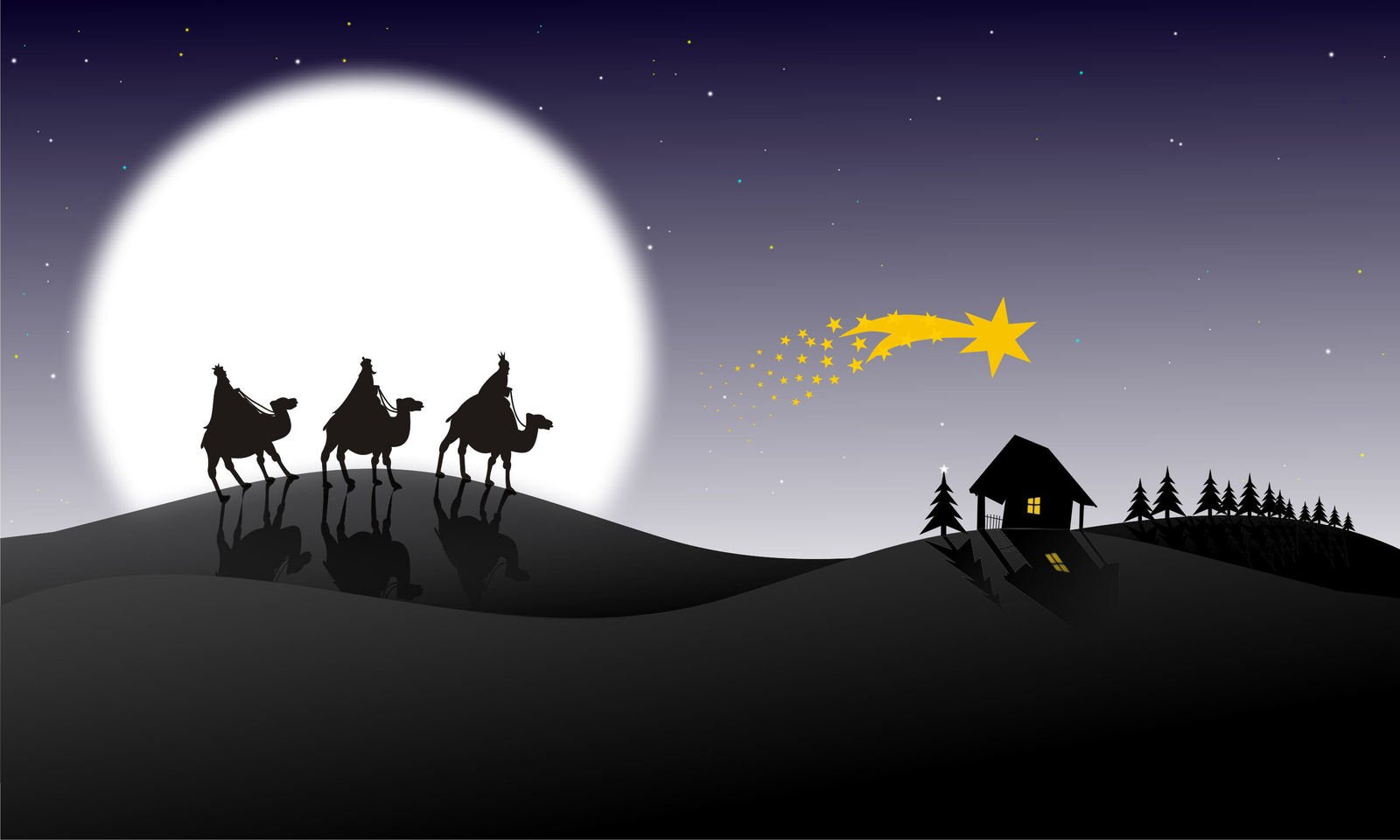 christmas nativity scene with three wise men riding camels in the night sky