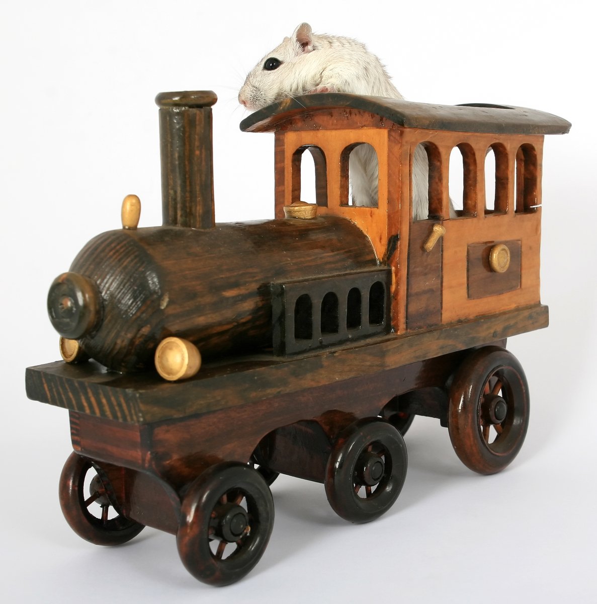 the small wooden toy locomotive has a stuffed animal on top