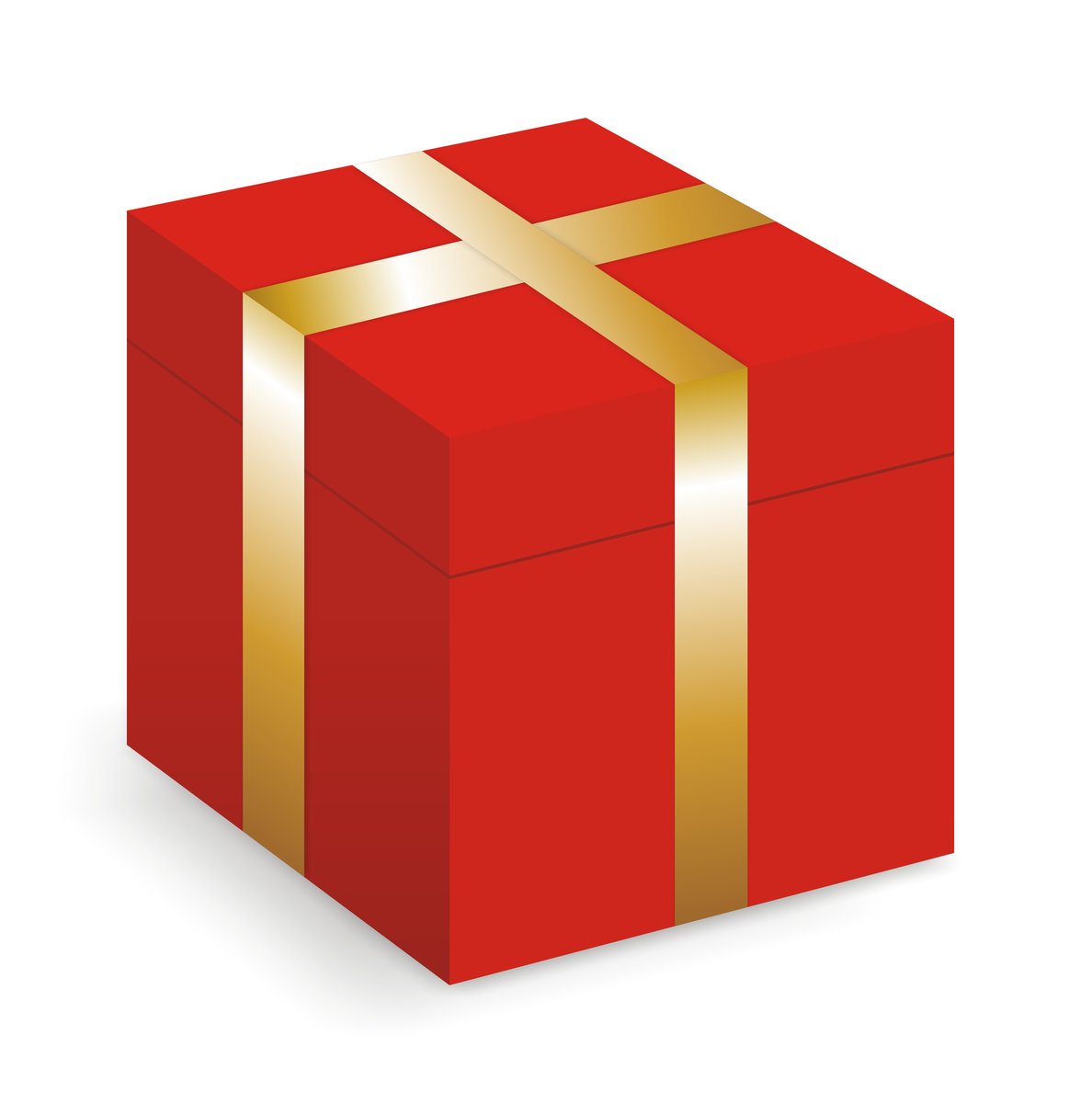 a red present box with gold ribbon around it
