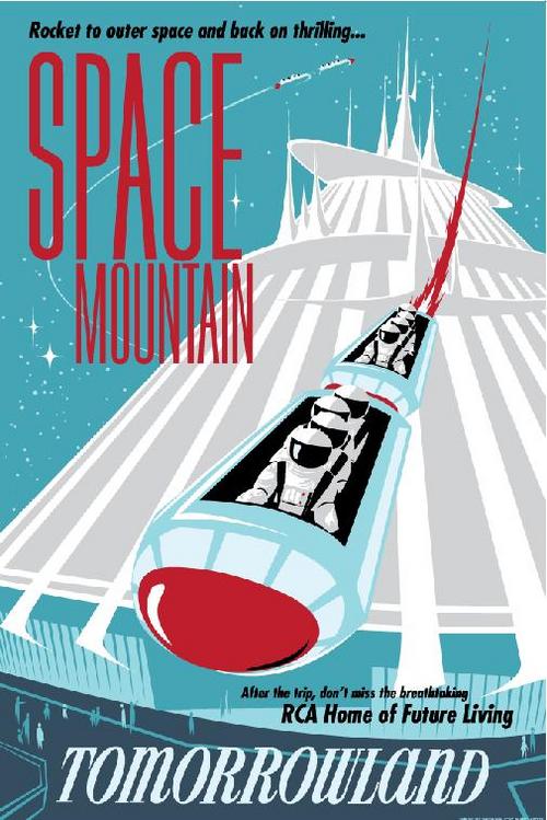 a poster for the movie space mountain with a rocket in front