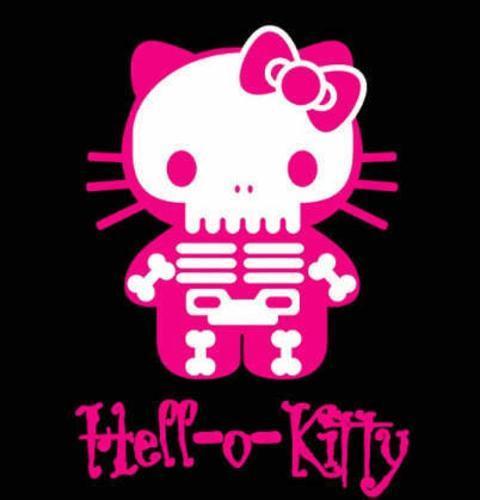 a cute pink hello kitty skeleton with a bow