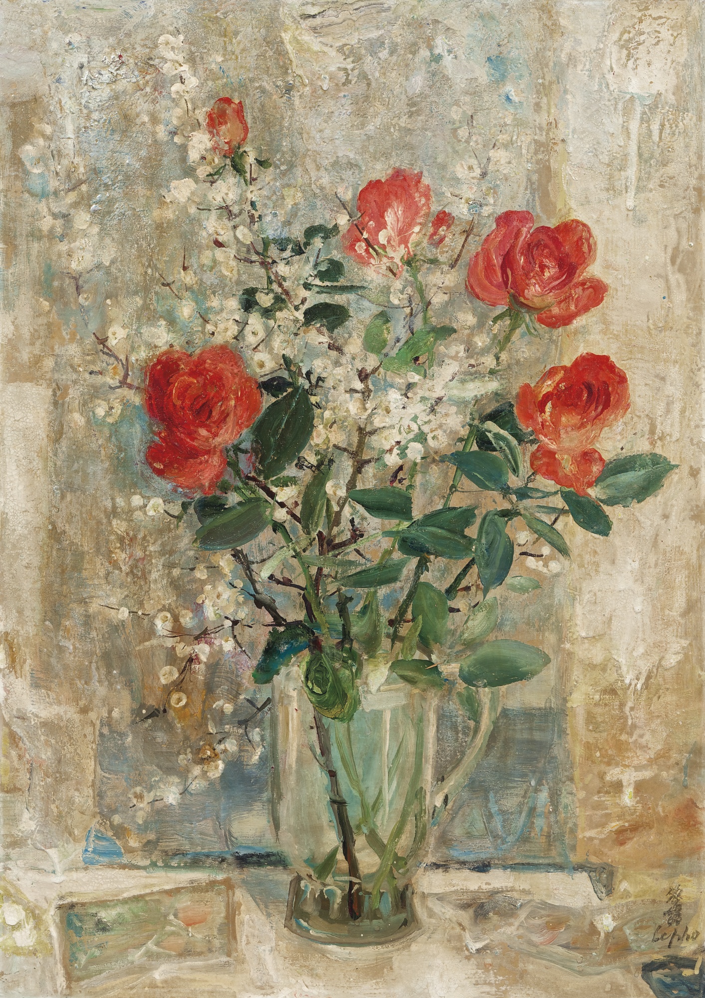 a painting showing red roses in a vase