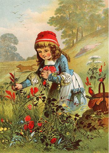 a vintage illustration of a girl tending flowers in a field