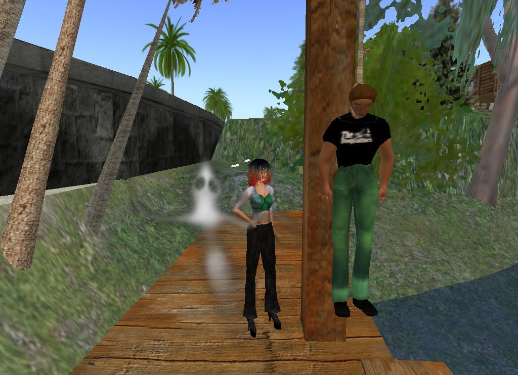 a woman and man walking on a wooden deck