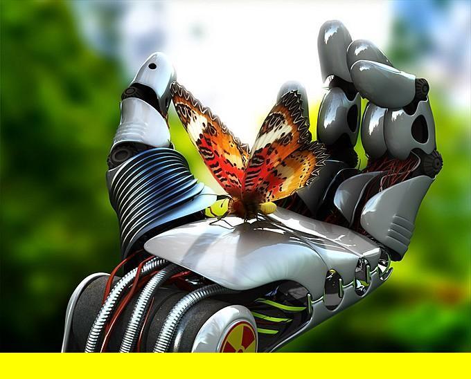 a digital painting of a mechanical arm holding a erfly in its lap