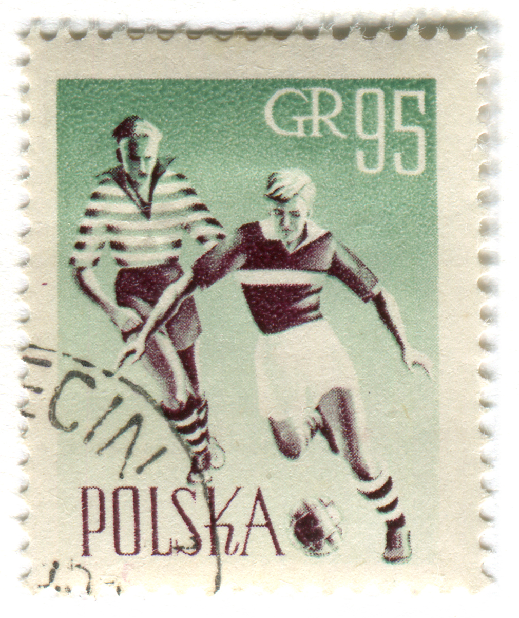 the stamp shows two men in soccer uniforms