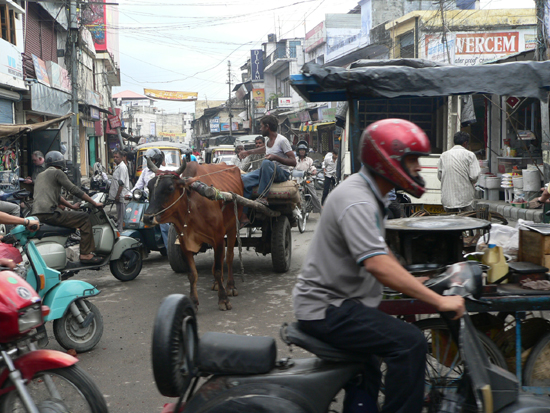 people riding mopeds and horses on a crowded street
