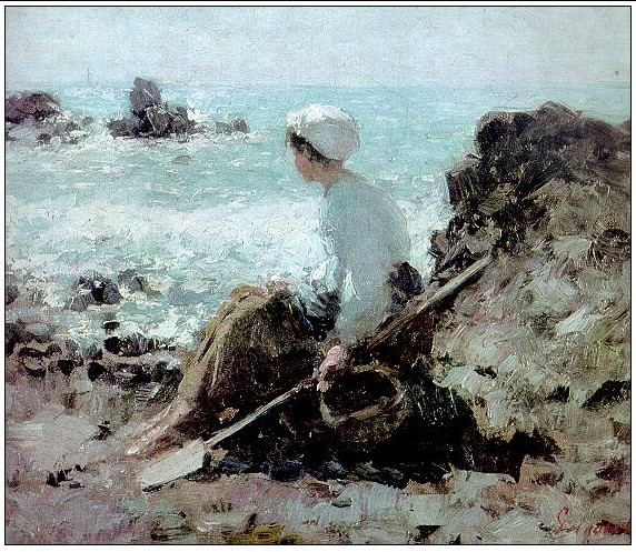 a painting of a person on the rocks near the water