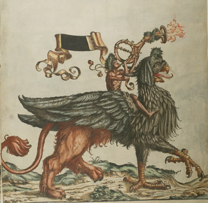 a bird standing on top of a lion in a field