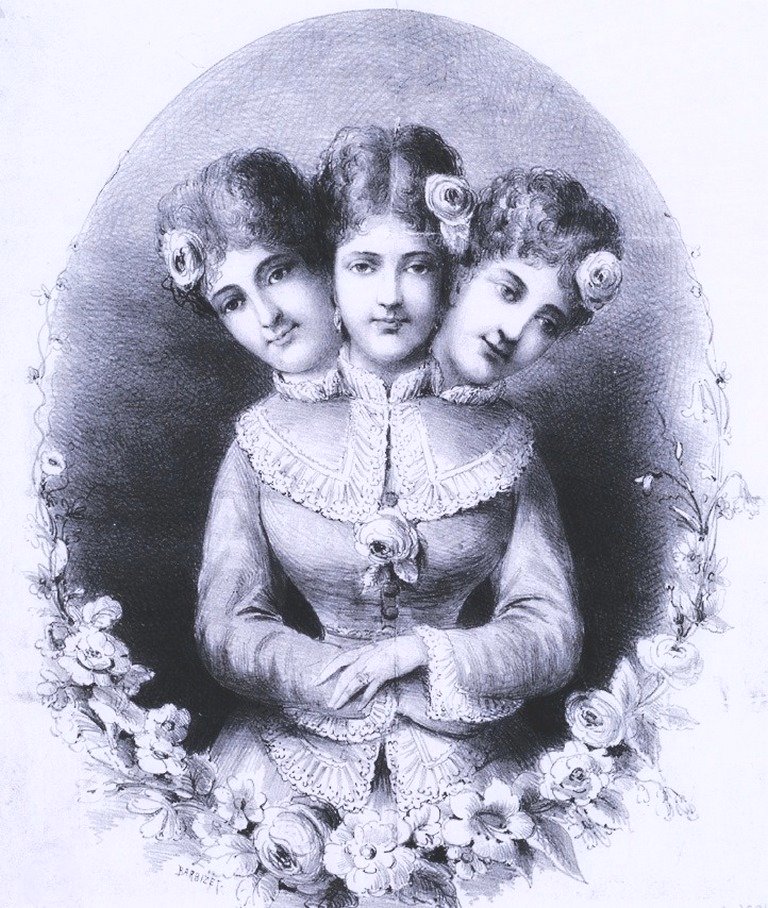 three women in victorian clothing and one woman wearing flowers