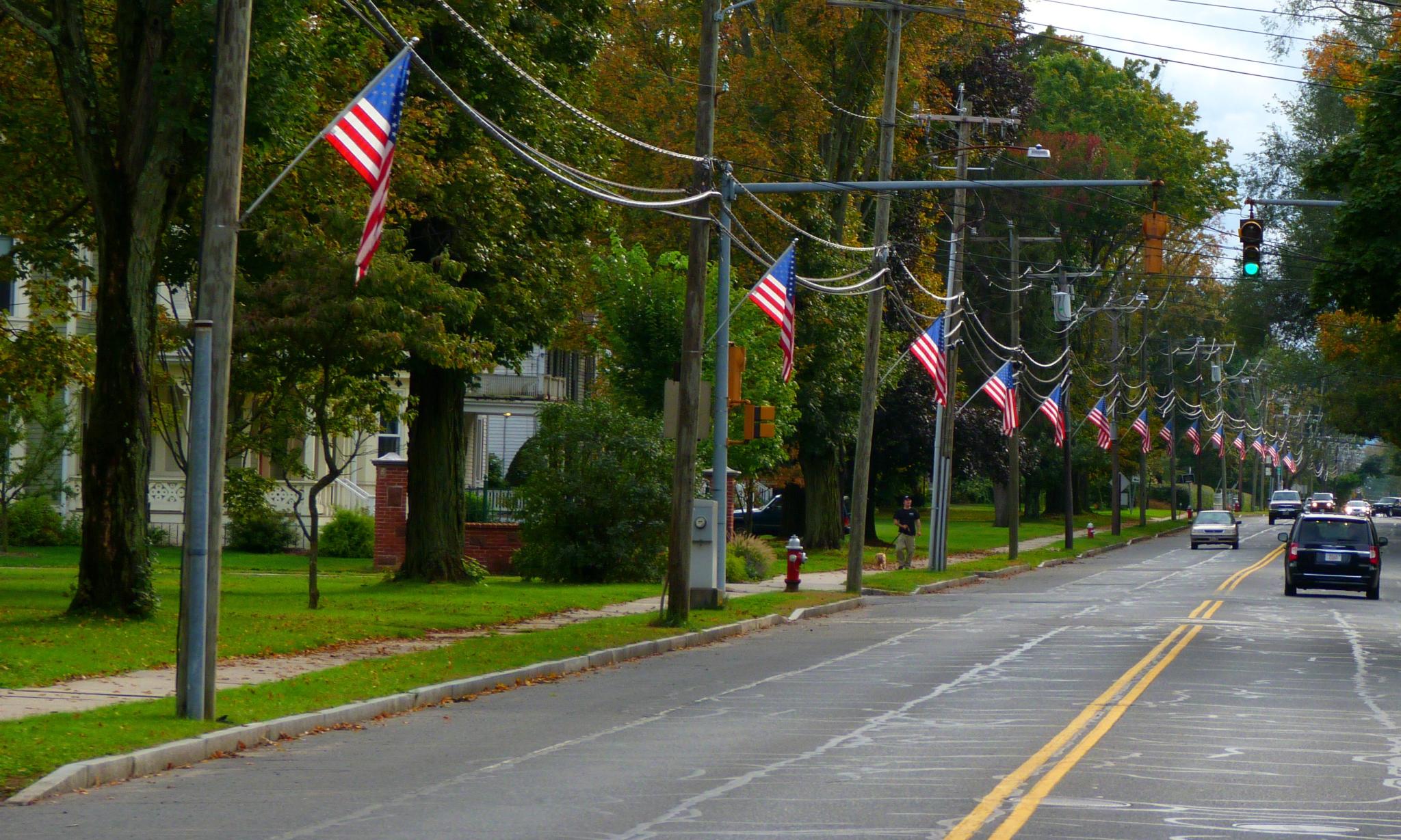 several american flags on poles down the street