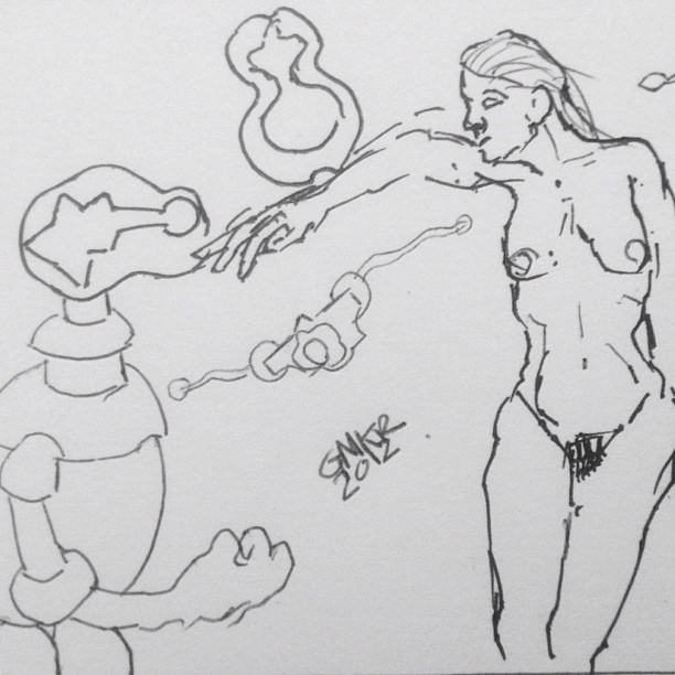drawing of a man spraying water at a woman