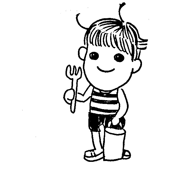 a little boy is standing in shorts with a shovel