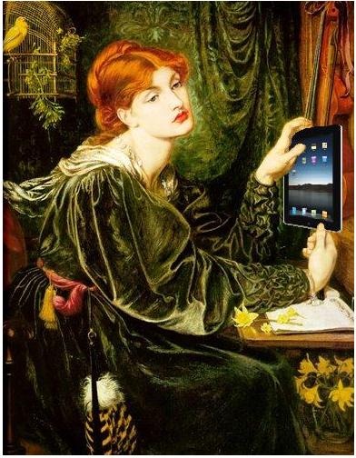 this painting shows a woman with red hair holding an ipad computer