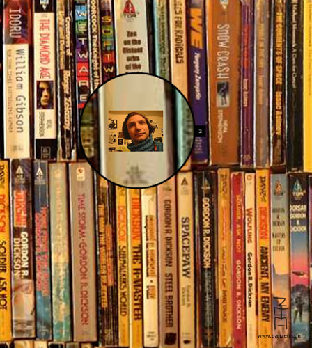 several dvds sit stacked with an identification badge surrounded by books