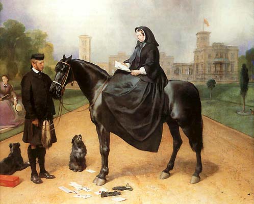 a painting showing a woman riding a black horse next to a man in a hat and black coat