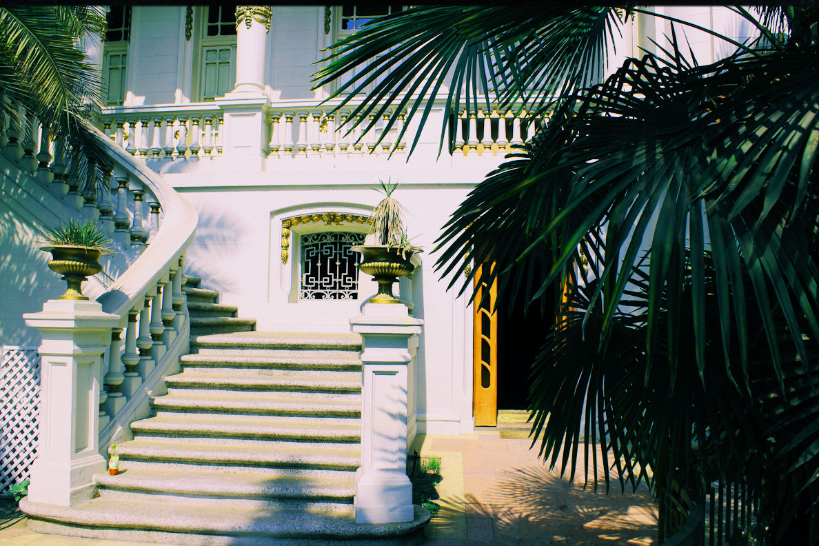 the outside of a house and its steps with palm trees