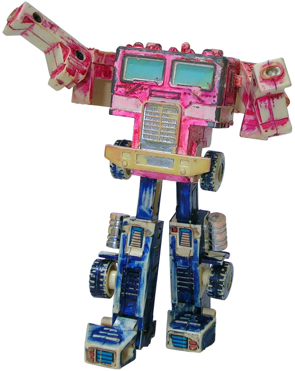 a toy robot that is pink and blue