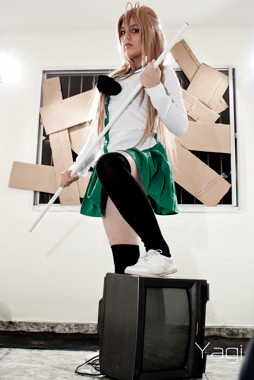 a woman in a green and white skirt is on top of a television