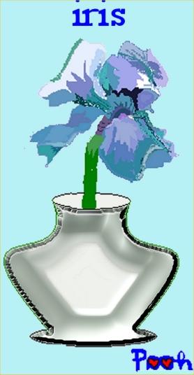 this is a digital image of blue iris in a white vase