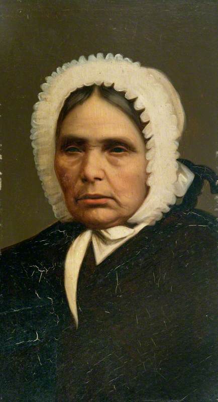 this portrait shows an old woman with white bonnet on her head