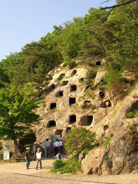 a mountain with caves and trees on the side of it