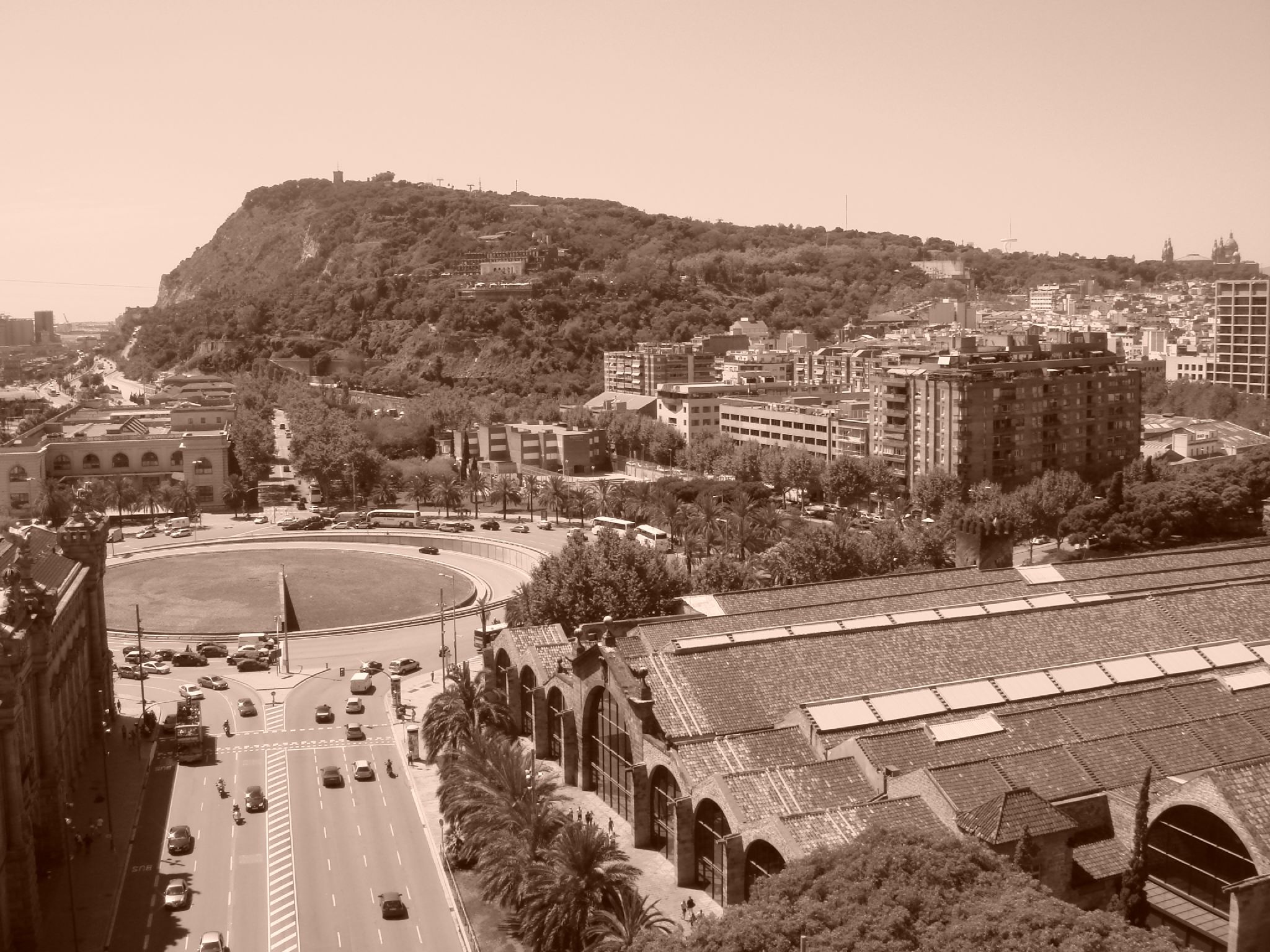 black and white image of a city with a large hill