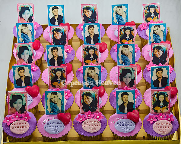 decorated cupcakes in pink and purple with pictures of couples