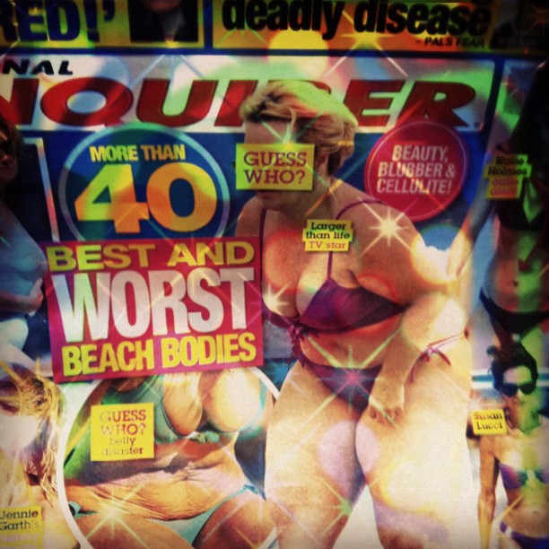 a close up of a womans body in front of a magazine cover