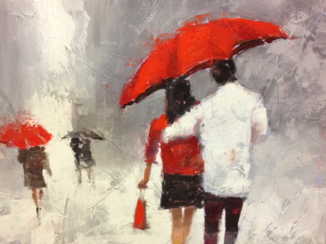 painting showing a group of people walking on a sidewalk with umbrellas