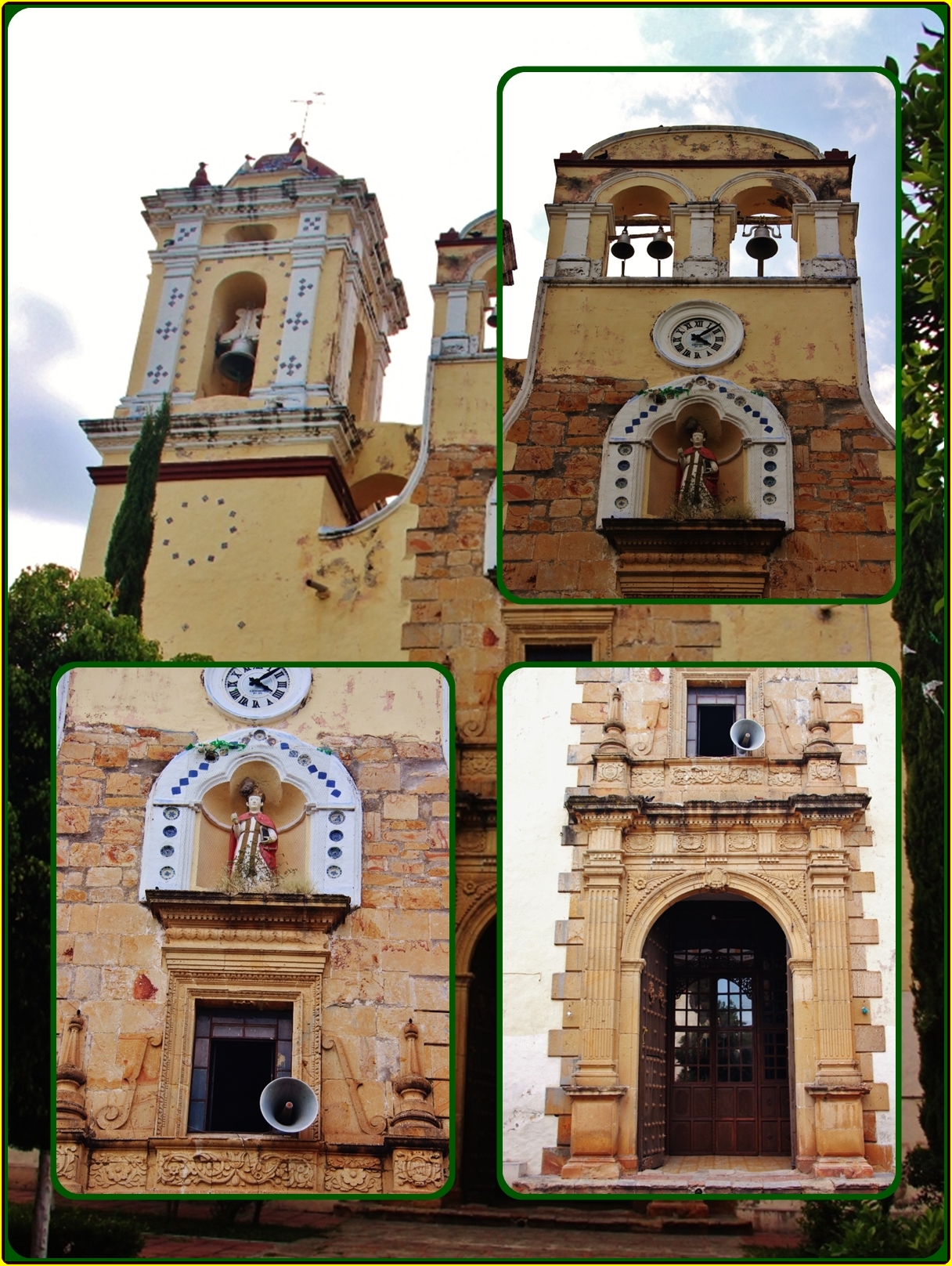 four pictures of an old church tower and bell