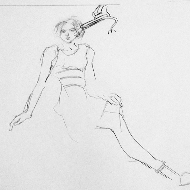 a drawing of a woman holding a shoe