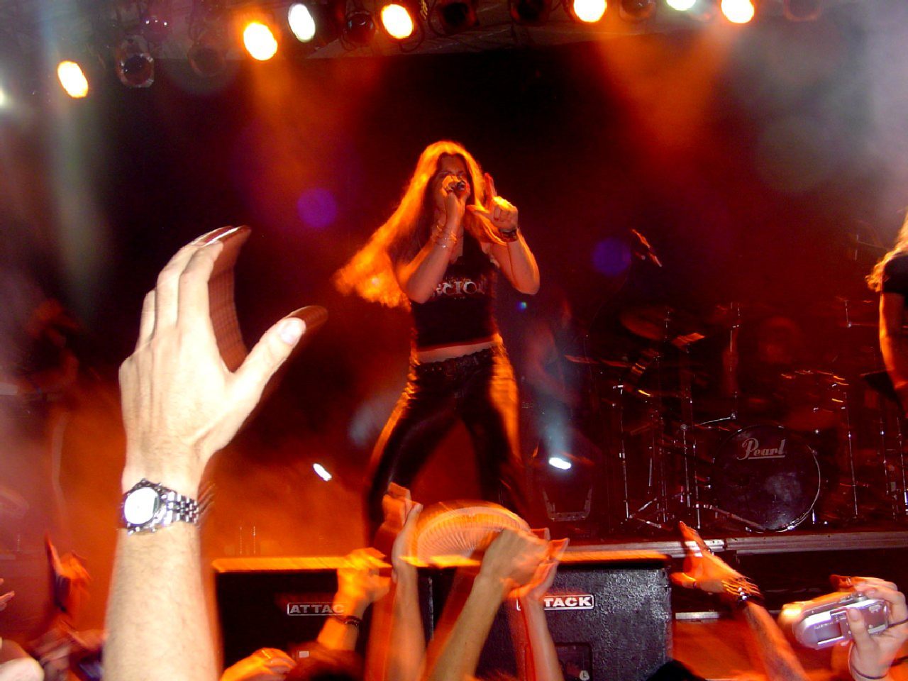 a woman singing with a band while the crowd watches