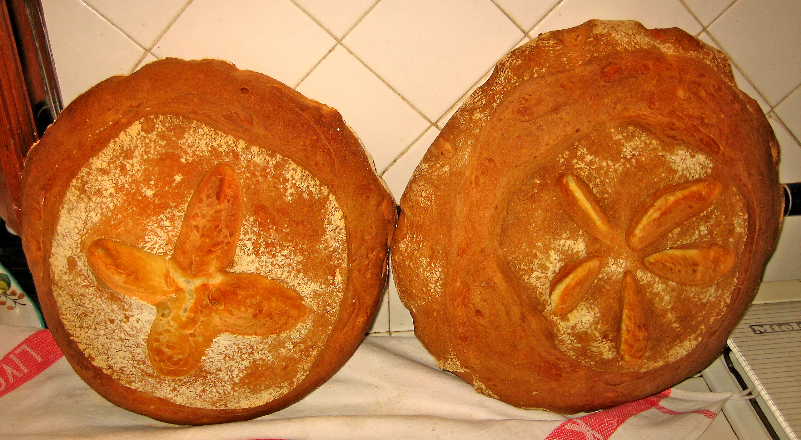 two round bread loafs with a erfly symbol on top