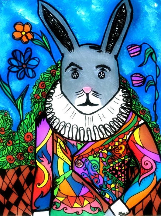 a painting of a rabbit with flowers and a ribbon