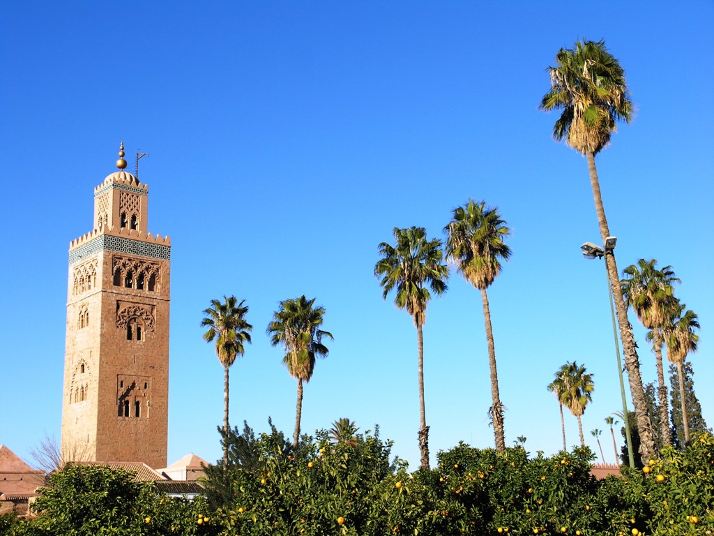 a clock tower near some palm trees in front of a building