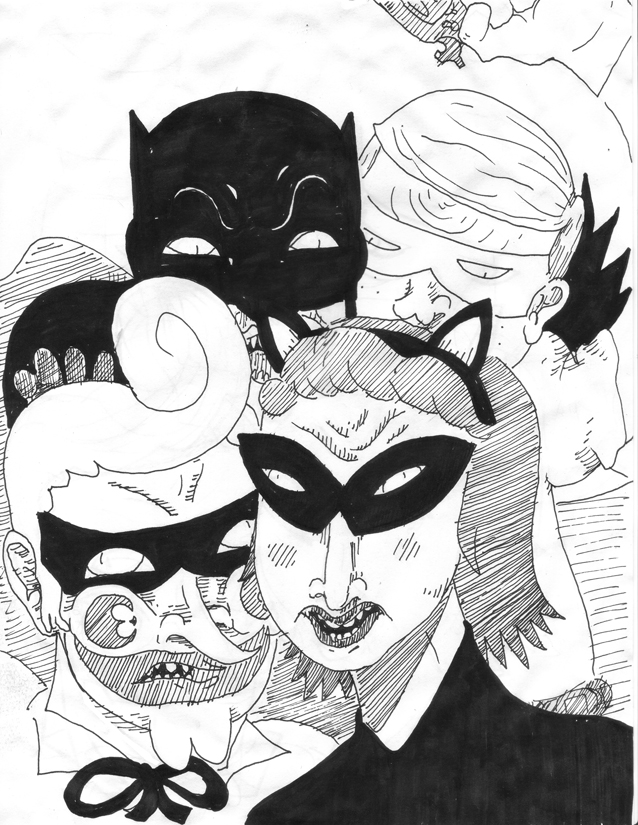 a batman - themed drawing of two girls with their faces painted to look like the female characters