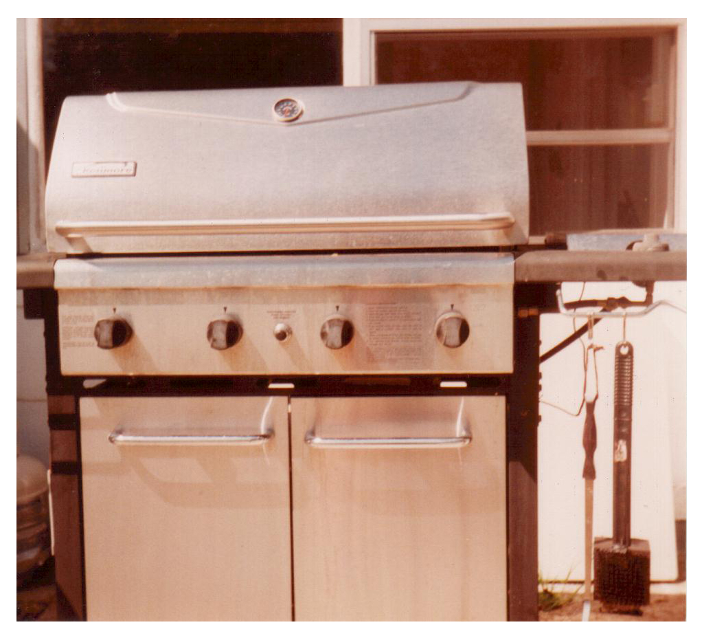 an image of outdoor cooking equipment with the grill being used