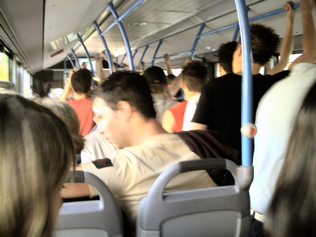 a group of people riding a bus on a sunny day