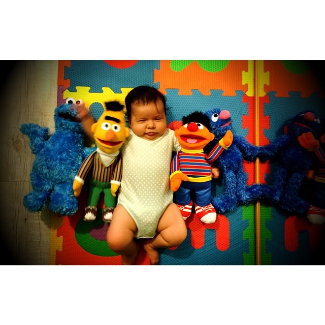 baby girl laying on her stomach surrounded by stuffed animal toys