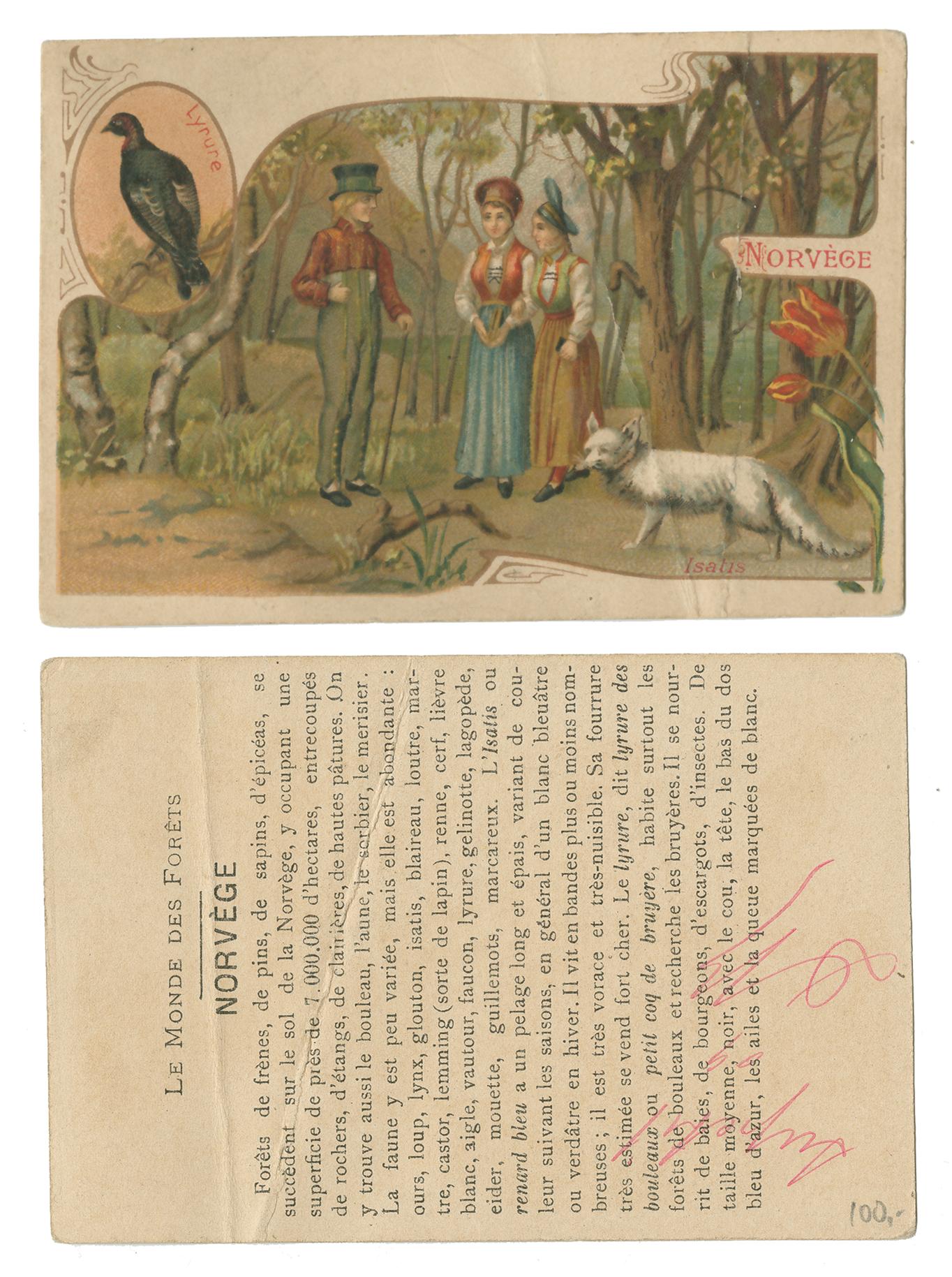 two pages showing an illustration of people and a dog in the woods