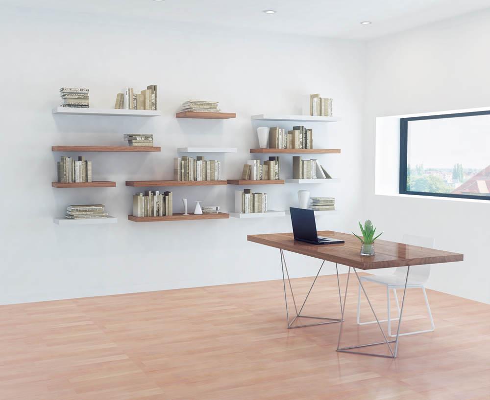 a living area with a wooden floor, shelves and a computer desk