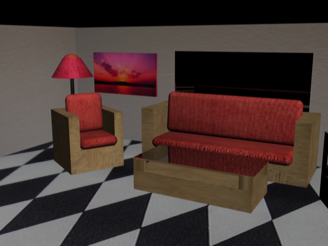 an artisticly designed living room with the sofa and two chairs