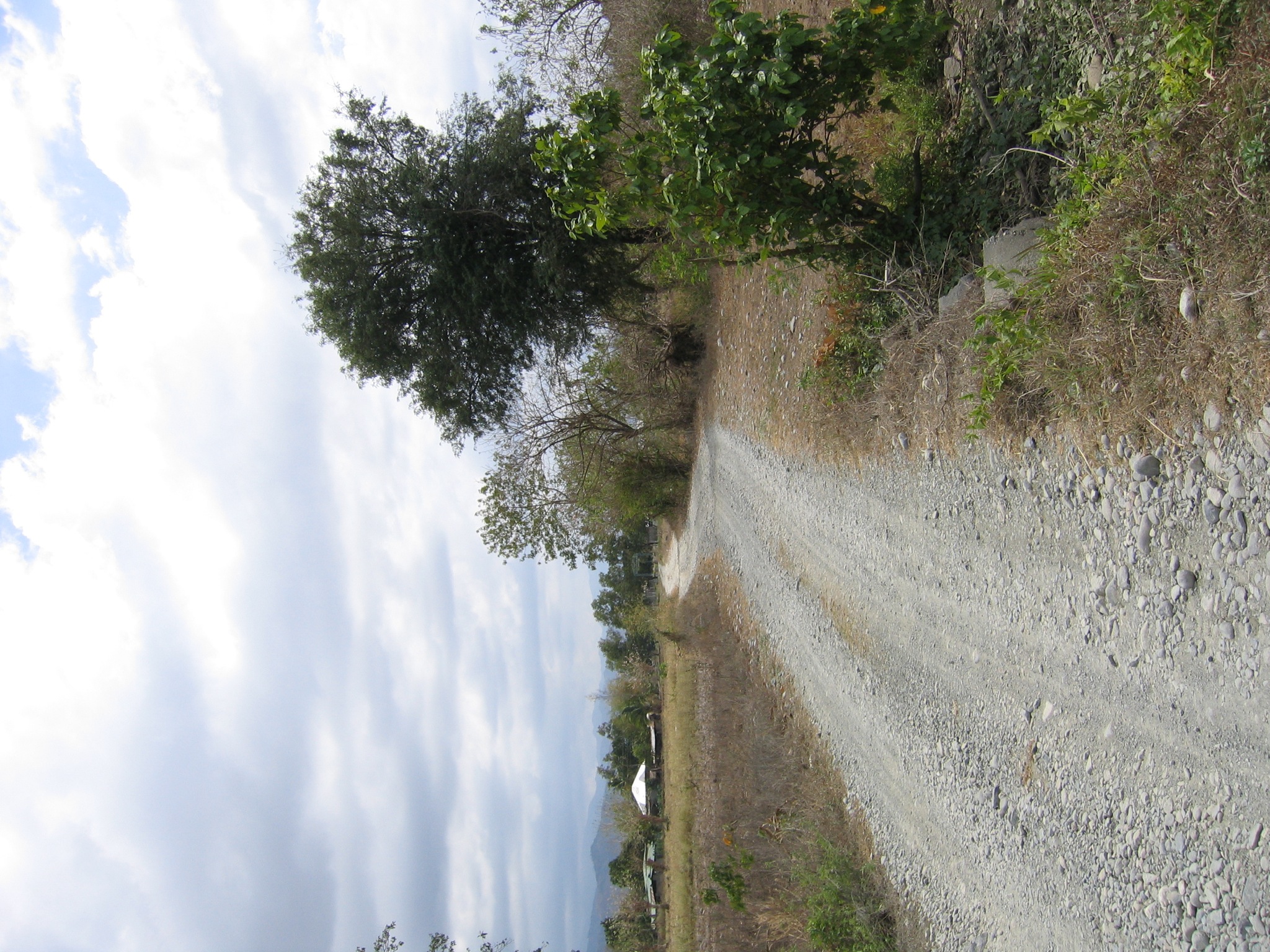 there is a dirt road with rocks running along it