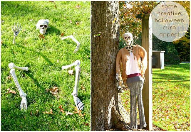 skeleton in halloween costumes standing behind a tree with fake bones and skeletons