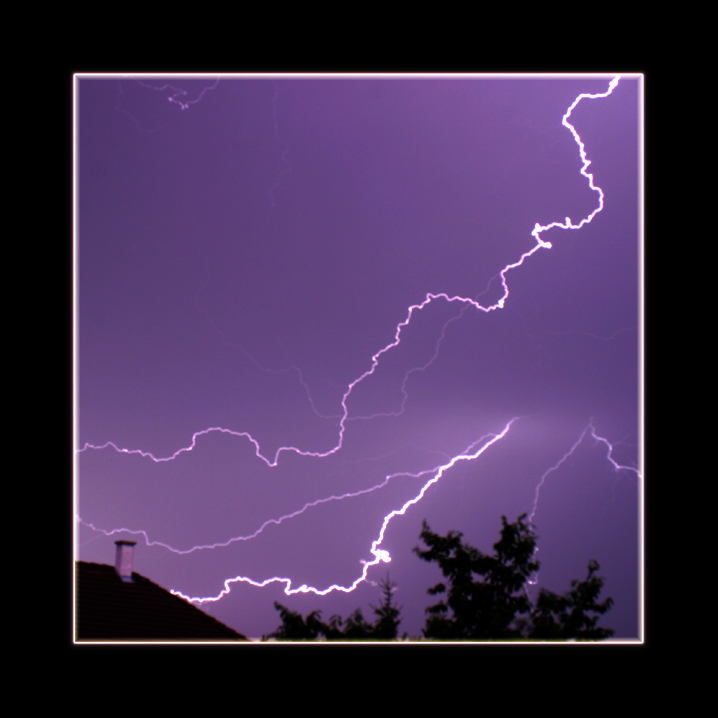 a lightning strike captured over some treetops at dusk