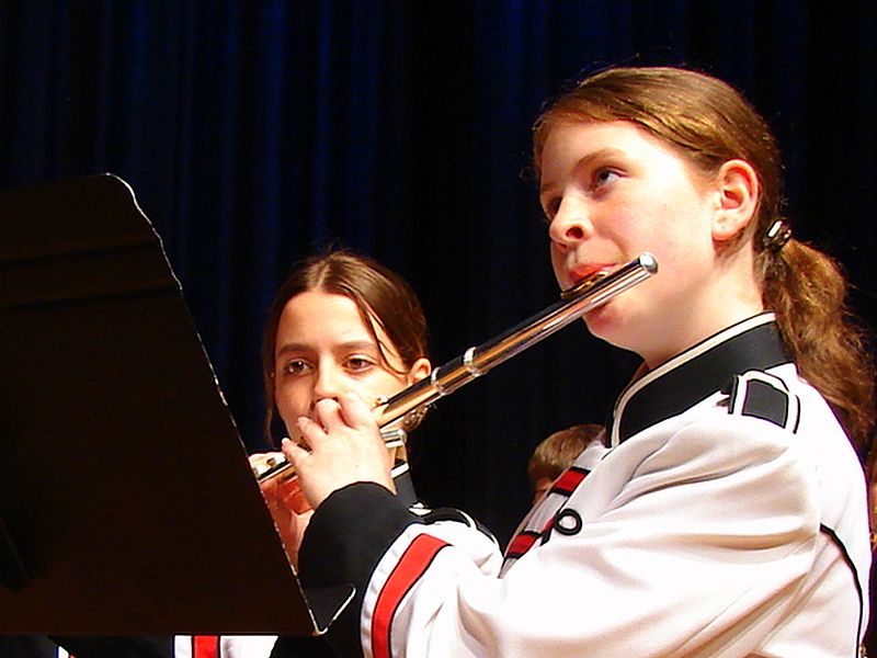two women play instruments in a band
