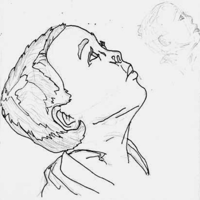a black and white drawing of the head and face of a person