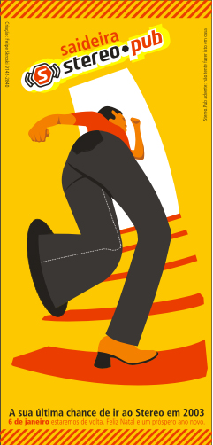 an orange poster of a man climbing stairs